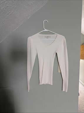 LOFT Cream Ribbed Scoop Neck Long Sleeve Top